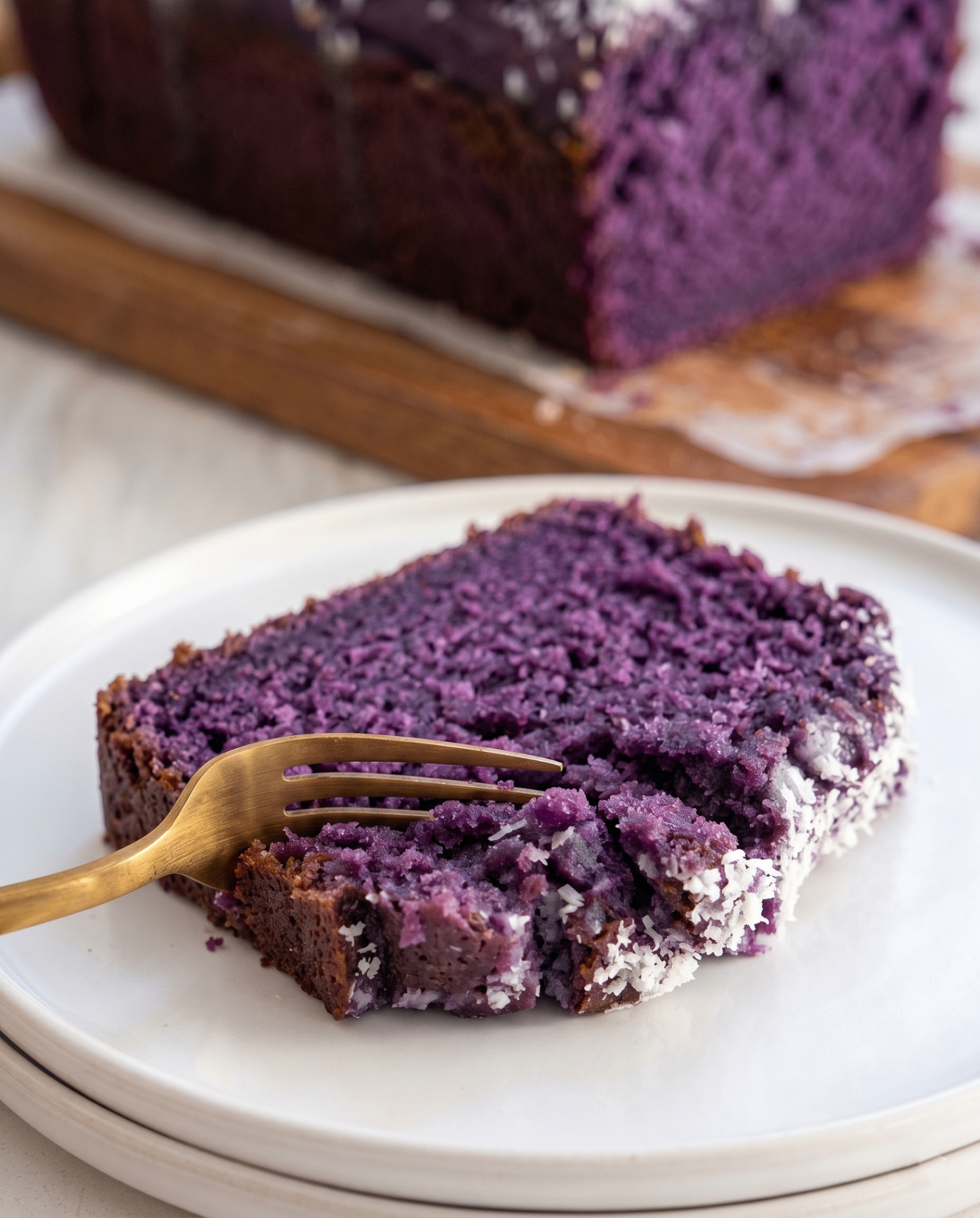 Ube-kokosbrødkage: Fugtig lilla kage med snefuld kokosglasur
