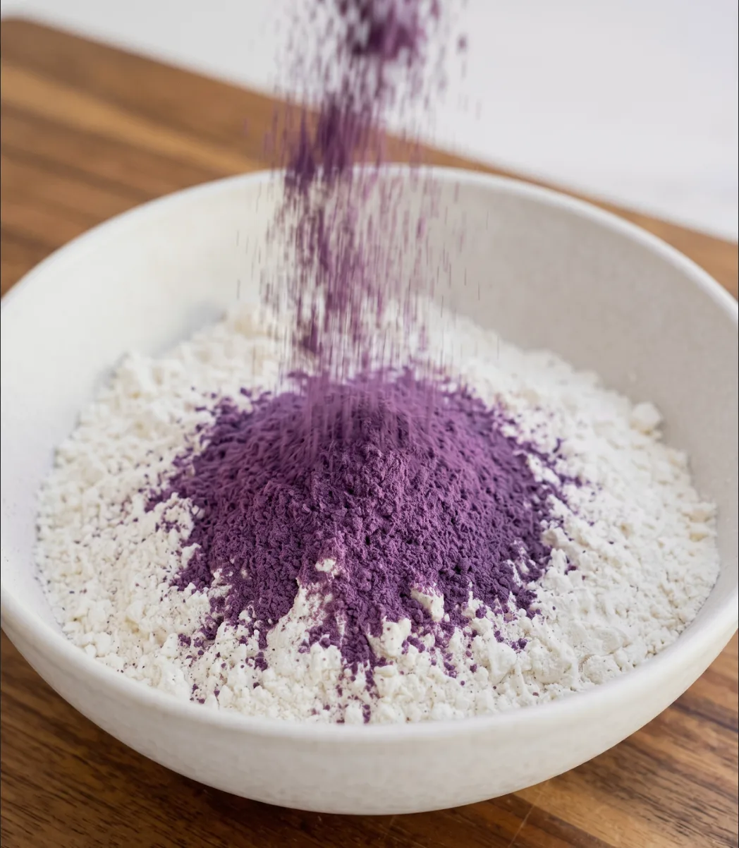 Ube Nolia purple ubepulver being sifted into a bowl of white flour for ube coconut loaf cake