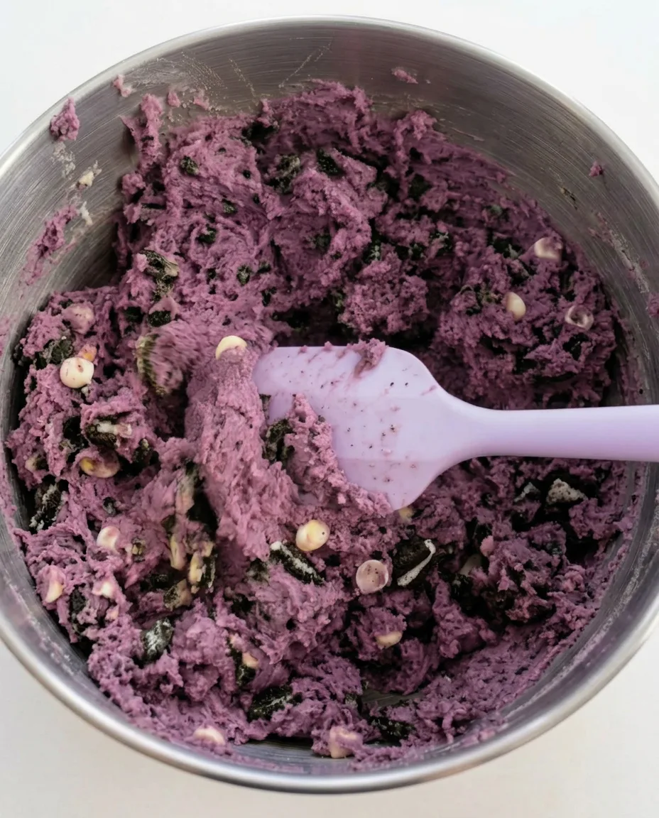 Ube Oreo cookie dej New York stil med hvide chokoladestykker og knuste Oreo stykker i en røreskål