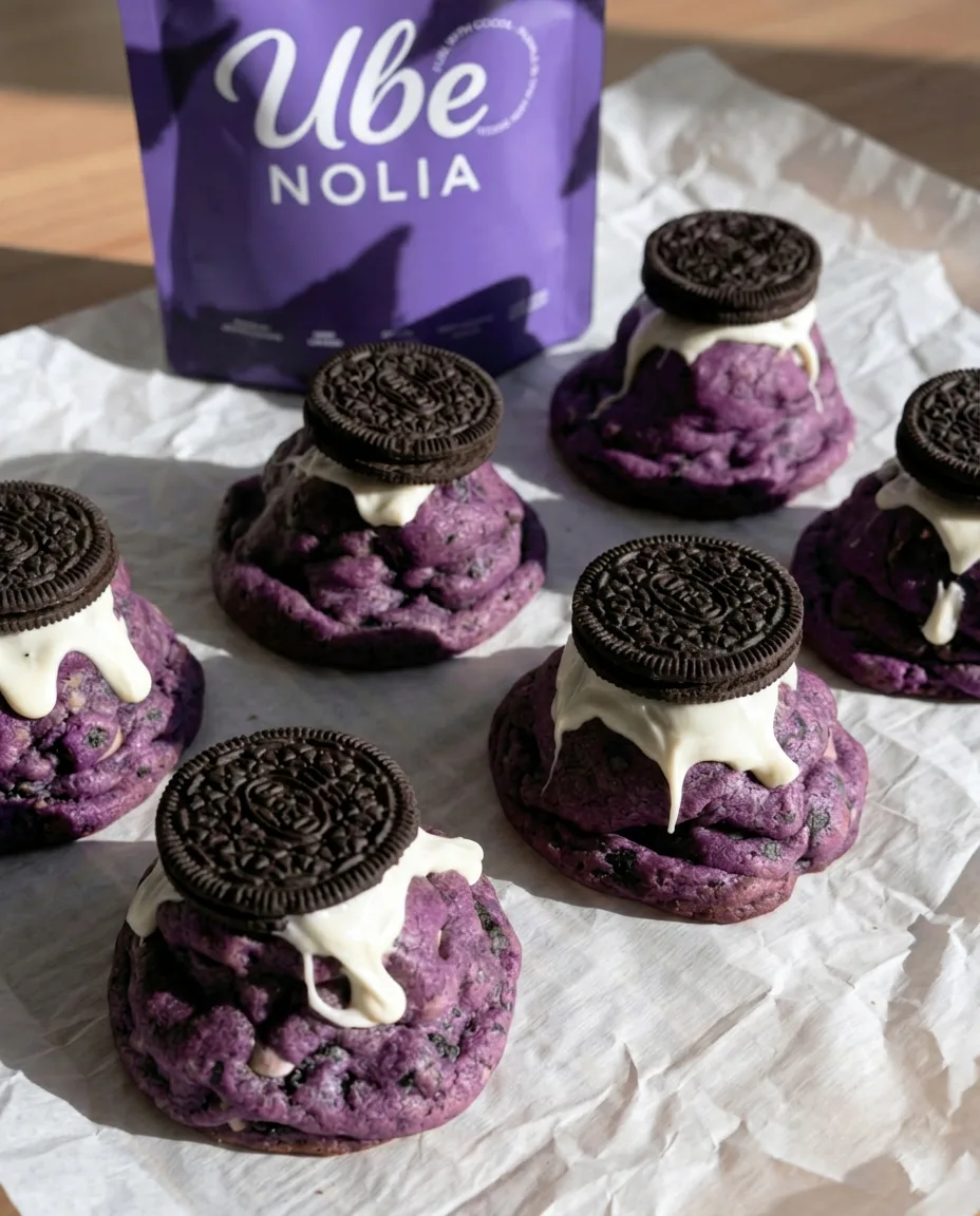 De bedste Ube Oreo Cookies – Ube Oreo tykke New York-stil cookies ubepulver pose og hvid chokolade, der drypper | Ube Nolia