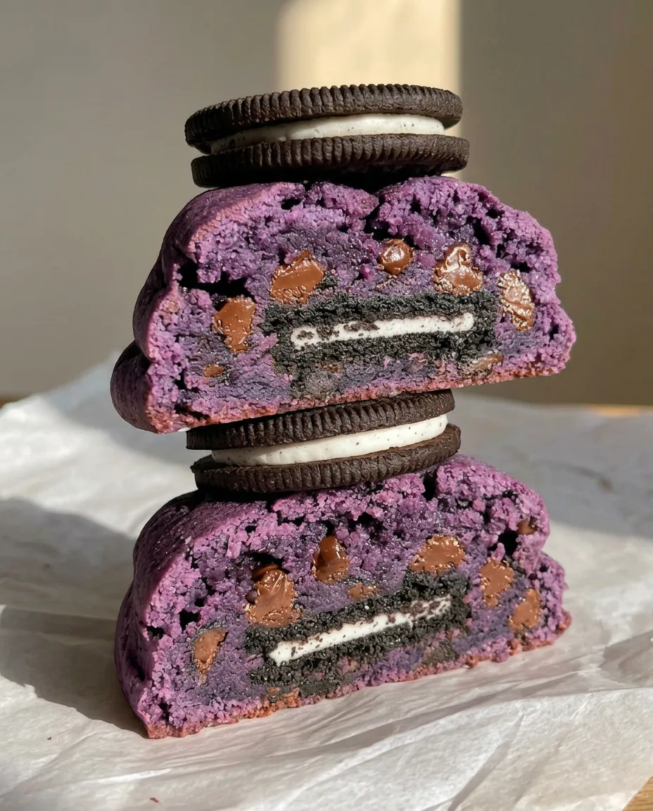 De bedste Ube Oreo Cookies – Tværsnit af stablede ube Oreo New York-stil cookies, der viser hel Oreo-midte, hvid | Ube Nolia