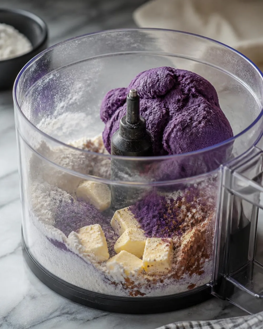 Ube Oreo kikse-dej – violet dej i en foodprocessor med ubepulver, mel, kakao og smør | Ube Nolia