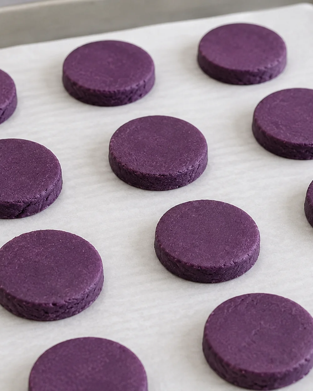 Ube Oreo kiks – hænder presser lilla ube dej til tynde 3 mm runde skiver på bagepapir | Ube Nolia