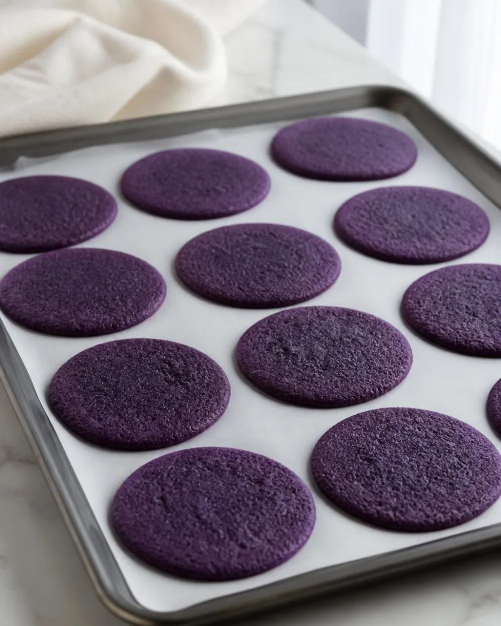 Bagte ube Oreo kiks – lilla ube kikseskiver køler af på en bageplade | Ube Nolia