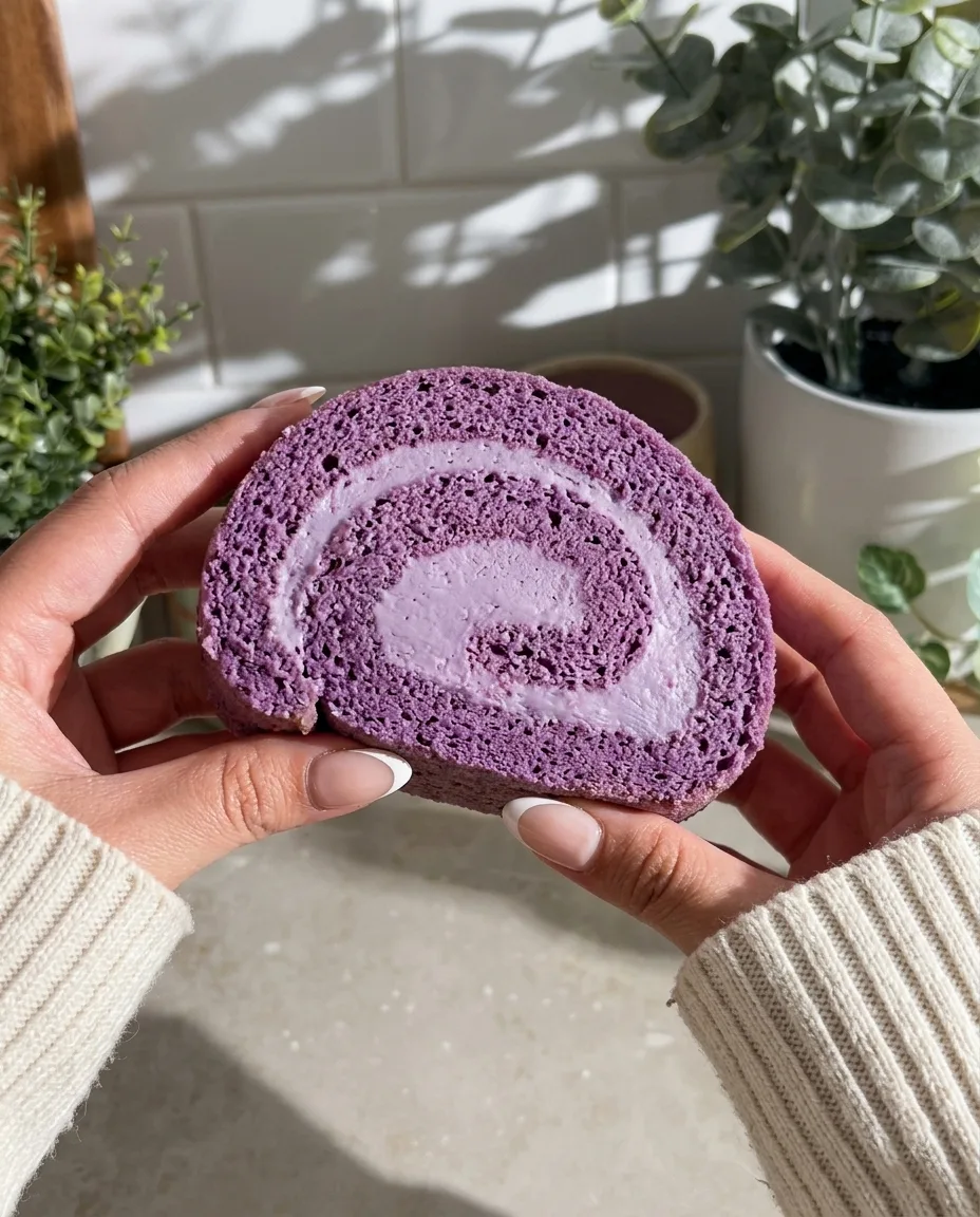 Hænder holder en perfekt skåret ube roulade, der viser den lilla spiral og cremefyld af Ube Nolia