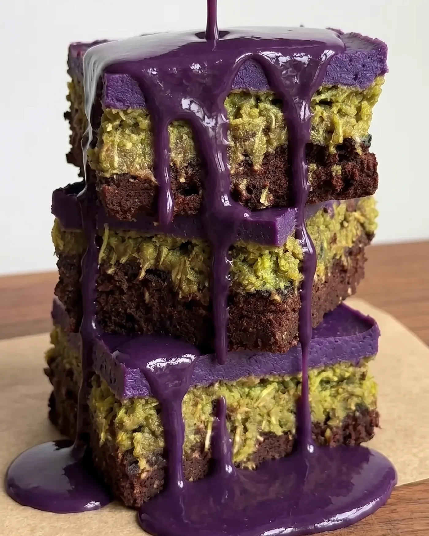 Hældbar ube drypsauce strømmer ned over en stak Ube Dubai chokolade brownie bars af Ube Nolia